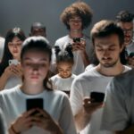 A diverse group of people engrossed in their smartphones, highlighting modern social connectivity.